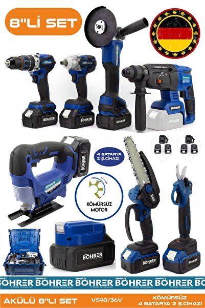 BÖHRER Alman Akülü Kömürsüz V598 5ah Profesyonel 8 Makine Kombo Set ,blue 4 B...
