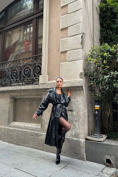 Umay Black Leather Trench Coat - Women's Trend Model