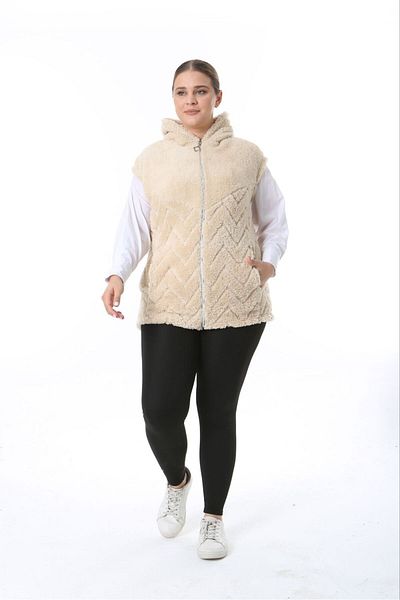 BİrHoşButik Plus Size Soft Lycra Plush Fleece Cardigan - Women's Vest with Pockets and Hoodie