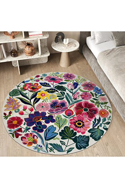 kilim home Mars 202 Beyaz Renkli Çiçekli Yuvarlak Dokuma Taban Salon Halısı