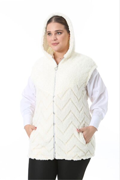 BİrHoşButik Plus Size Soft Lycra Plush Fleece Cardigan - Women's Vest with Pockets and Hoodie