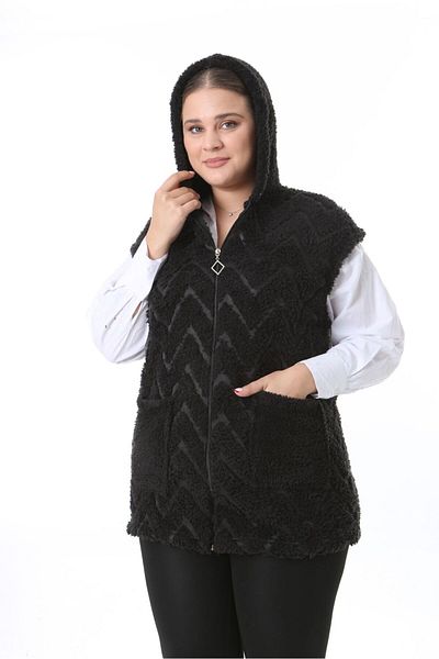 BİrHoşButik Plus Size Soft Lycra Plush Fleece Cardigan - Women's Vest with Pockets and Hoodie