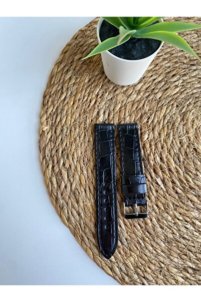 Prizma 20mm Parlak Siyah Suni Deri Saat Kordonu. Siyah Dikiş.