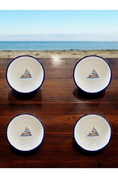 EMAYE TEZGAHI 4 Pieces 24 cm Marine Enamel Bowl - Pit, Soup and Deep Plate Retro Design