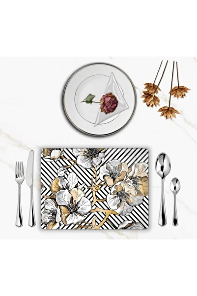 BD DİGİTAL Special Design Glass Printed Gold Flowers Plates Set 4 Pieces