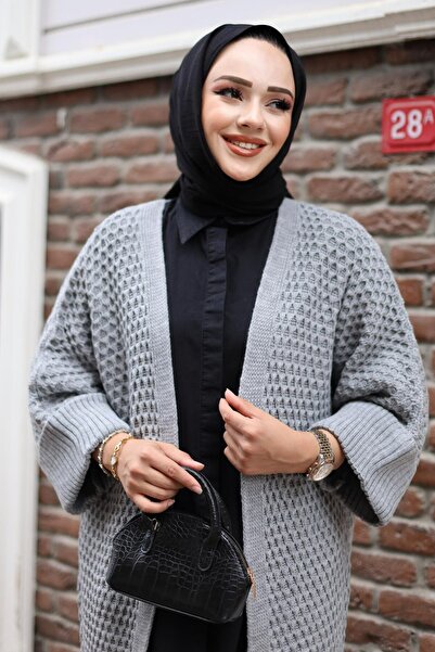QUMET Gray Honeycomb Knit Detailed Low Sleeve Sweater Cardigan