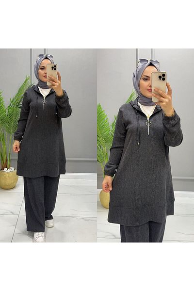 ERVA طقم حجاب نسائي شتوي من القماش الملتوي مع غطاء للرأس مكون من قطعتين