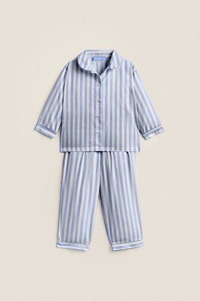 MİO Boy's Blue Striped Pajama Set with Bag