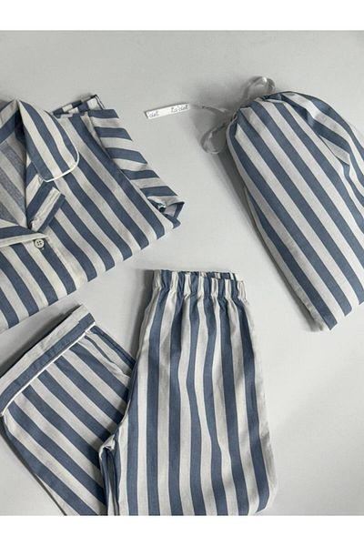 MİO Boy's Blue Striped Pajama Set with Bag