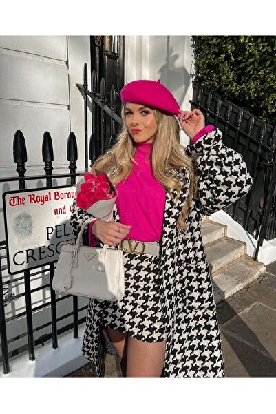 WellWay Ithal Kaşe Kumaş Garnili Astarlı Kaban+Etek Siyah-beyaz