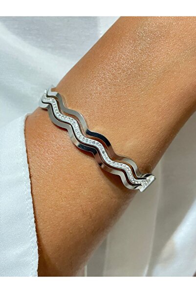 alyacs Stainless Steel Zirconia Zickzack Detailed Silver Steel Handcuffs