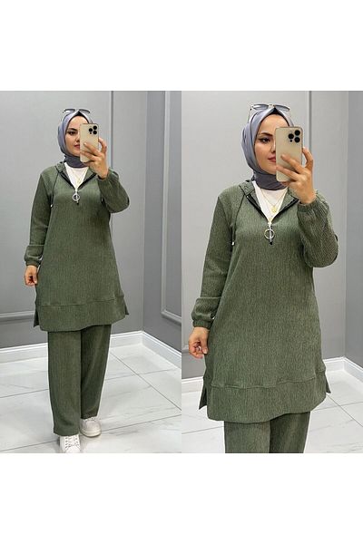 ERVA Women's Hijab Suit Winter Twill Fabric Hooded Double Set