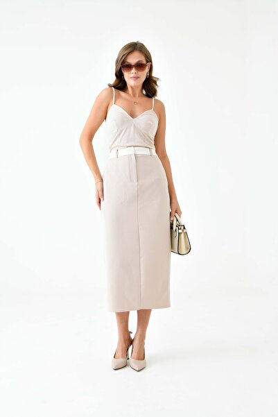 Saade BeigeMidiWoven Skirt - Pencil Straight Cut and Waist Detail