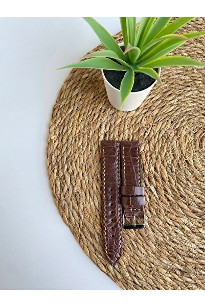 Prizma 20mm Parlak Kahverengi Croco Desen Suni Deri Saat Kordonu.