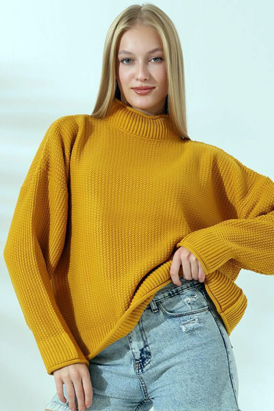 MissKybele Yarım Boyunlu Balıkçı Dik Yakalı Uzun Kollu Düşük Omuz Pirinç Örgü...