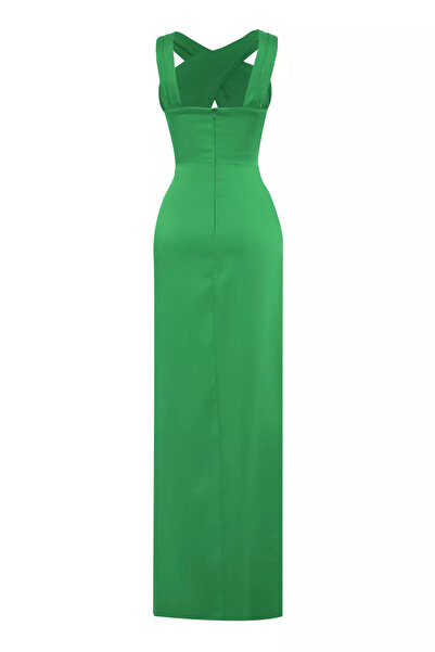 Keikei Yeşil saten kolsuz uzun elbise