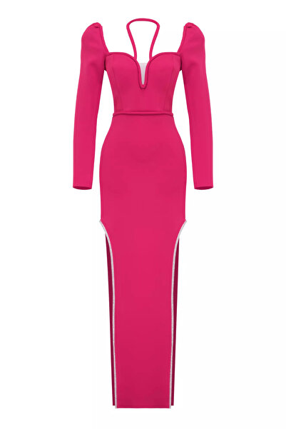 Keikei Fuşya dalgic uzun kol uzun elbise