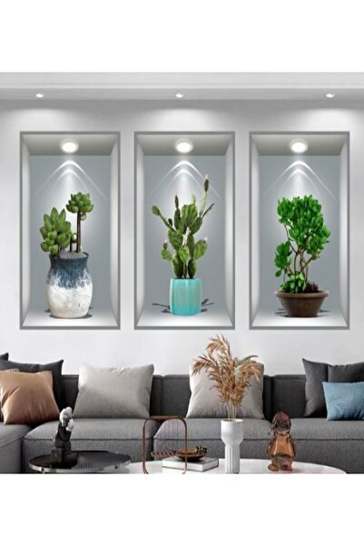 Özasya AVM 3D Çiçek Vazo Duvar Sticker 3 lü Set GRİ Fon