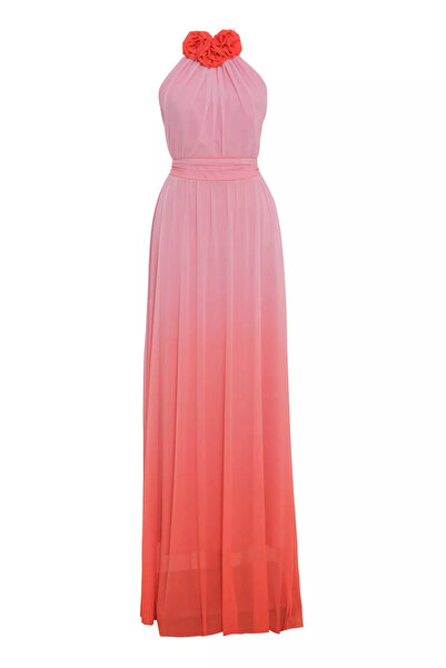 Keikei Turuncu tül kolsuz uzun elbise