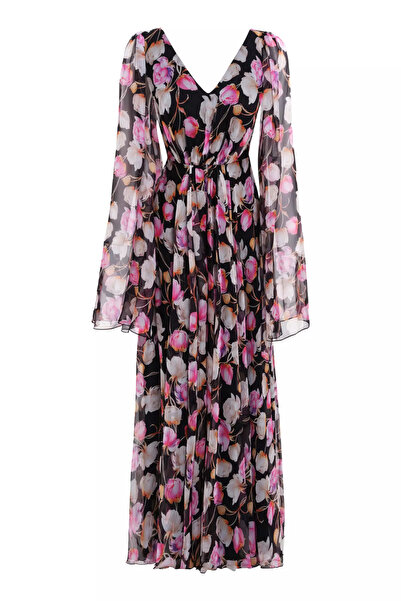 Keikei Desenli sifon uzun kol uzun elbise