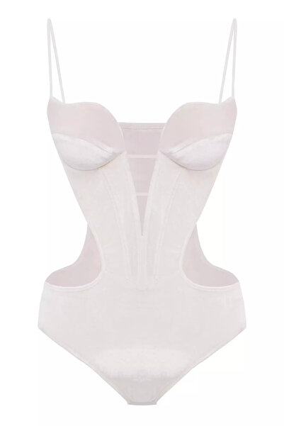 Keikei Beyaz kadife kolsuz kısa bluz