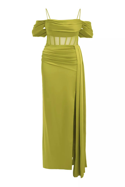 Keikei Fıstık yeşili büyük beden saten kolsuz uzun elbise