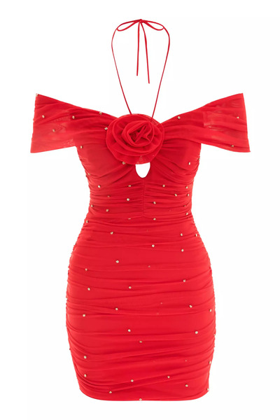 Keikei Mercan tül kolsuz kısa elbise