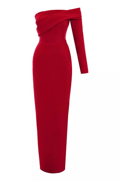 Keikei One Sleeve Red Crepe Long Dress