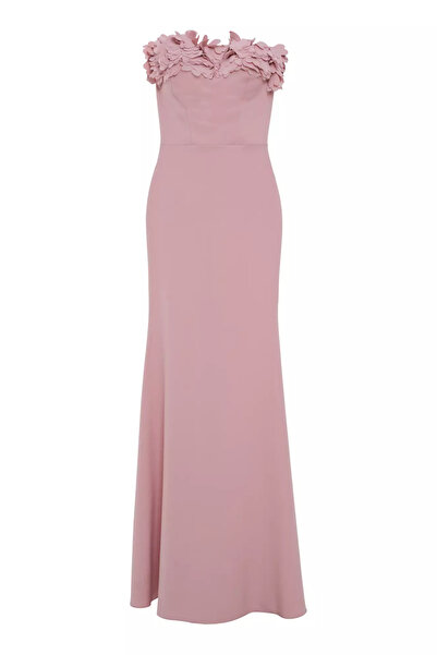 Keikei Pudra krep straplez uzun elbise