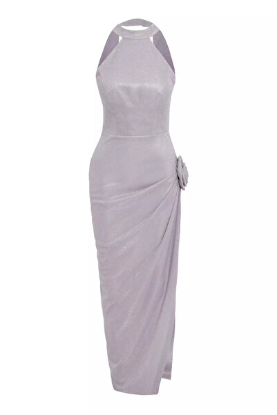 Keikei Gümüş parıltı kolsuz uzun elbise