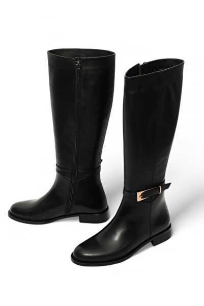 DeriNial Γνήσιες δερμάτινες γυναικείες μπότες - μέχρι το γόνατο, με φερμουάρ, λεπτομέρεια με αγκράφα, κλασικό μαύρο Lovva