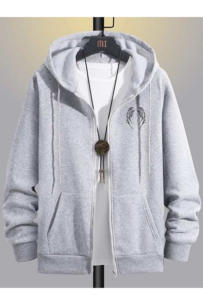 modaberry Wing Design Sweatshirt Zippered Cardigan - Gray Printed Oversize Winter Hoodie with Pockets
