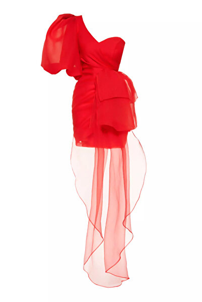 Keikei Kırmızı Büyük Beden Tül Tek Kol Kısa Elbise