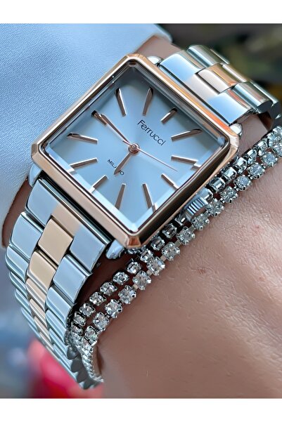 Ferrucci MİLANO ÇELİK KORDON KARE KASA 3 ATM SU GEÇİRMEZ KADIN KOL SAATİ+BİLE...