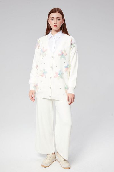 ZTO Women's Beaded Flower Detail Cardigan Trousers Knitwear Suit