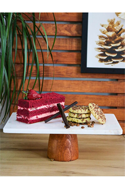 Woodcept. Ahşap Ayaklı Doğal Mermer Dikdörtgen Kek ve Pasta Stantı, Dekoratif...