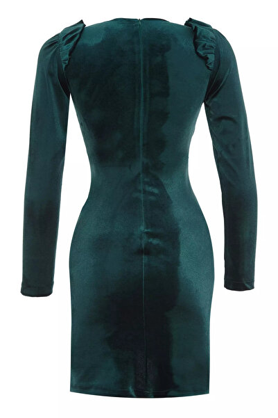 Keikei Yeşil kadife uzun kol kısa elbise