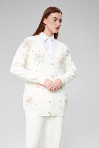 ZTO Women's Beaded Flower Detail Cardigan Trousers Knitwear Suit