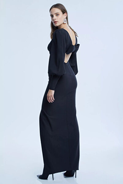 Keikei Siyah krep uzun kol uzun elbise