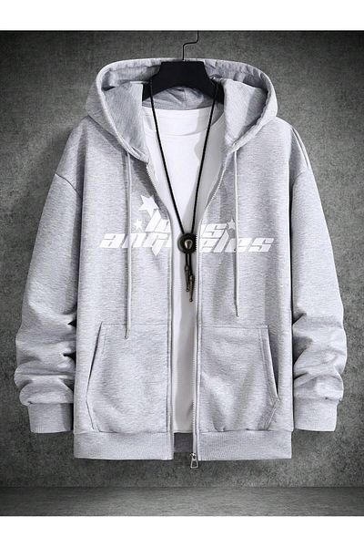 modaberry Los Angeles Star Pattern - Gray Oversize Winter Hooded Cardigan with Pockets
