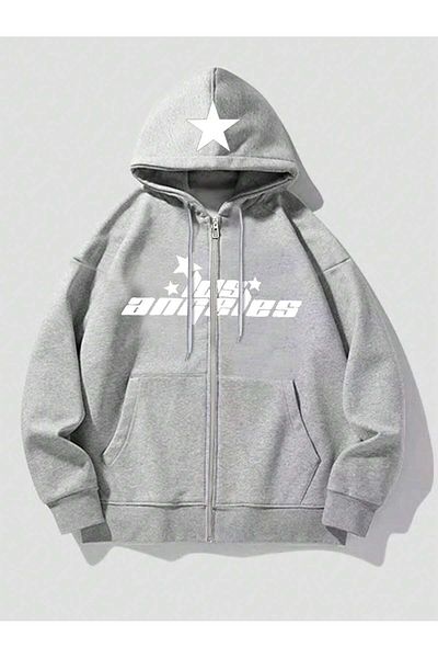 modaberry Los Angeles Star Pattern - Gray Oversize Winter Hooded Cardigan with Pockets