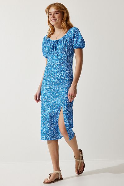 Lovelyİstanbul BLUE LCI0022 - Rochie tricotată cu imprimeu și șnur