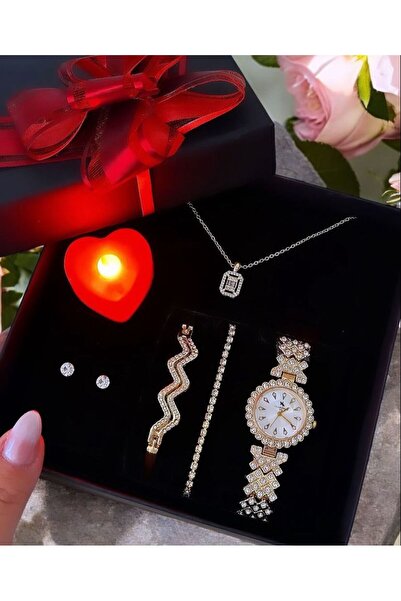 Has Gold Taşlı Kadın Siyah Kare Hediye Kutu Set