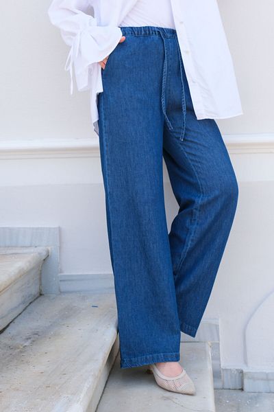 LOCCO Pantaloni largi de damă cu talie elastică Albastru închis