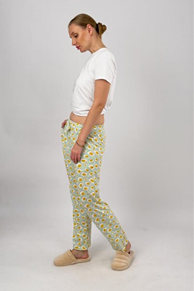 Betimoda Kadın Cepli Pamuklu Lastikli Bel Kurdeleli Desenli Pijama Altı Sarı Yumurta