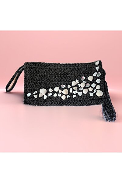 Bright3 Siyah, El yapımı, Astarlı, Çıtçıtlı Kağıt İp Clutch Çanta Parlak Payet Boncuk Midye Aksesuar