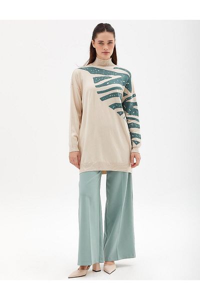Kayra Half Turtleneck Abstract Patterned Knitwear Tunic Stone-Moss Green