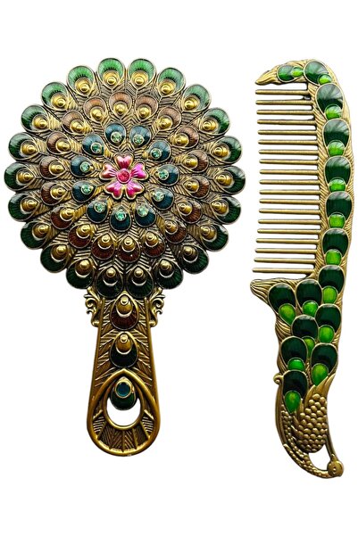 GALATA GIFT Ayna Tarak Seti, Tavuskuşu, Metal, Çeyizlik, Set, Mineli, Canlı R...