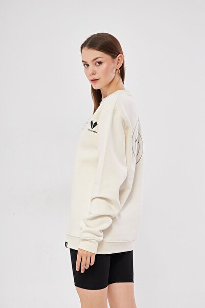 Moda Işık Unisex Krem Renk Basic Sweatshirt Bisiklet Yaka Hoodie Baskılı  %100 Pamuklu