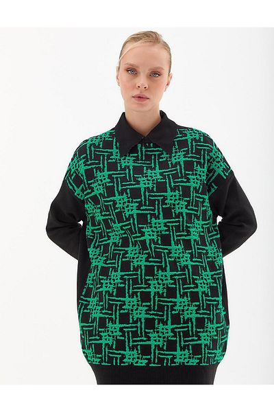 Kayra Abstract Patterned Black Knitwear Tunic - Crew Neck